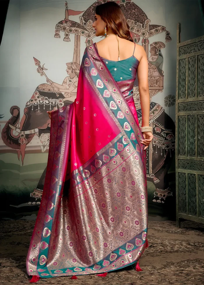 Fuchsia Banarasi Silk Saree with Teal Blouse