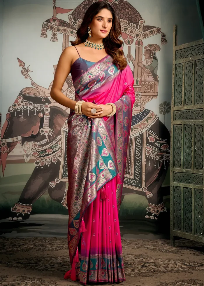 Fuchsia Banarasi Silk Saree with Teal Blouse