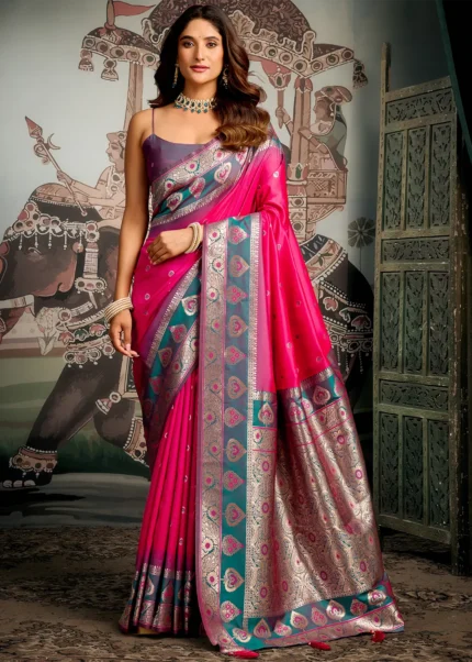 Fuchsia Banarasi Silk Saree with Teal Blouse