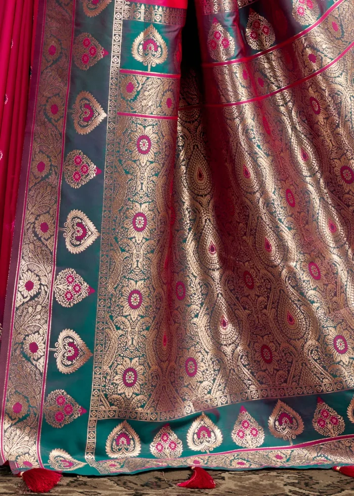 Fuchsia Banarasi Silk Saree with Teal Blouse