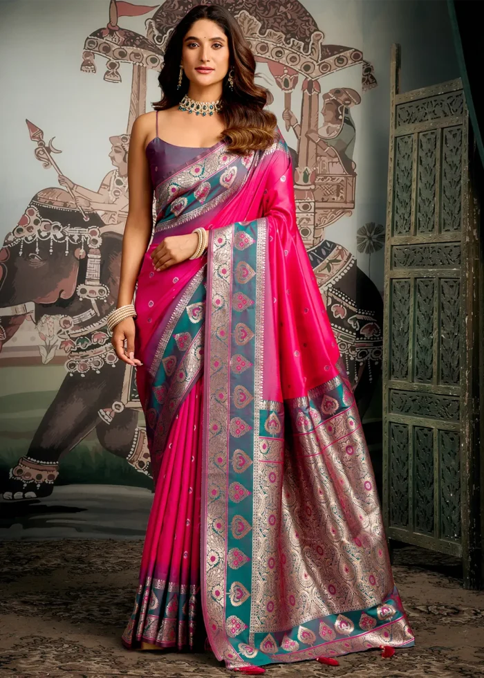 Fuchsia Banarasi Silk Saree with Teal Blouse