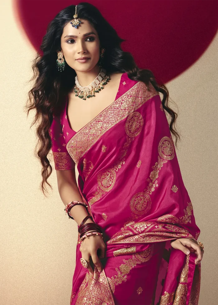 Fuchsia Pink Dola Silk Banarasi Saree with Golden Zari Motifs