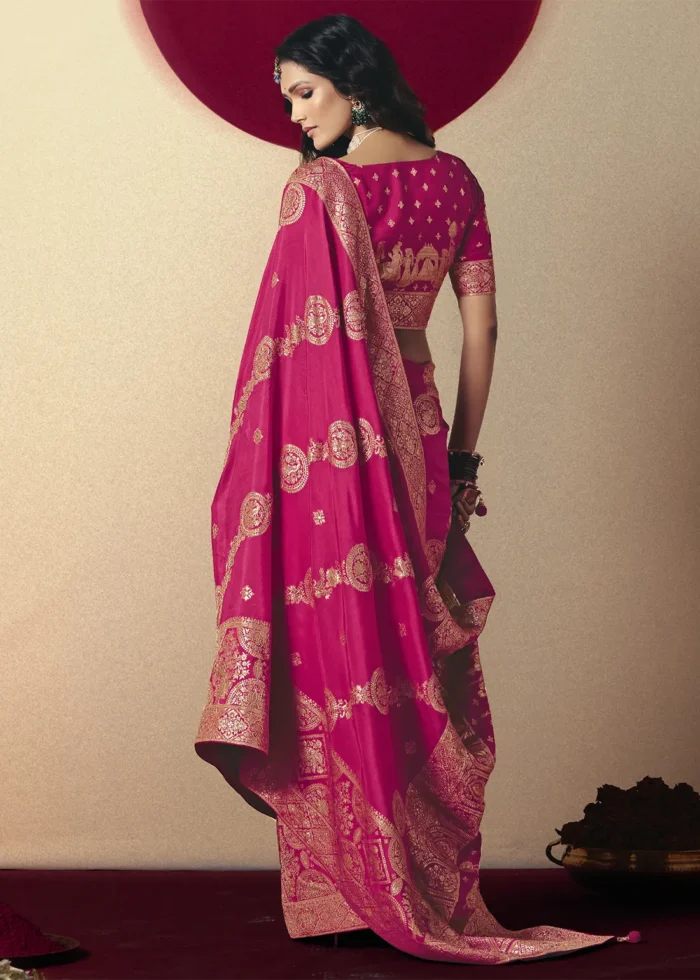 Fuchsia Pink Dola Silk Banarasi Saree with Golden Zari Motifs