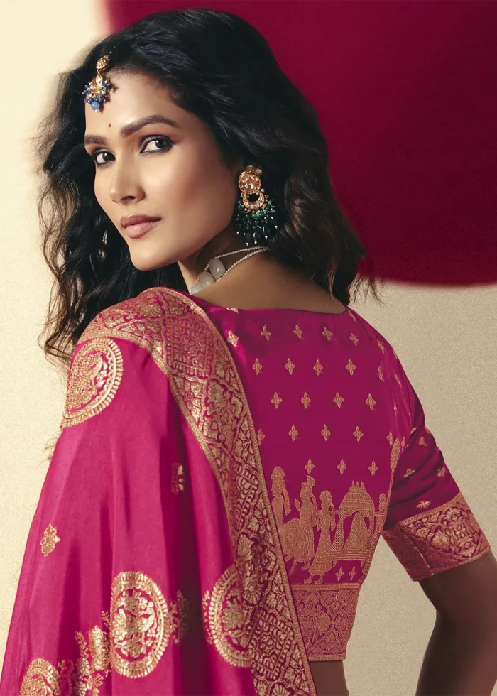 Fuchsia Pink Dola Silk Banarasi Saree with Golden Zari Motifs