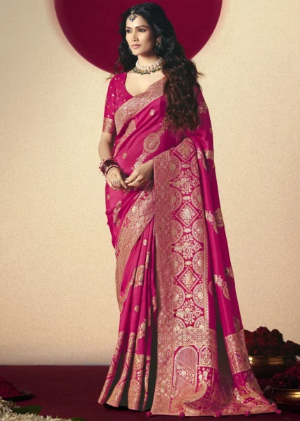 Fuchsia Pink Dola Silk Banarasi Saree with Golden Zari Motifs