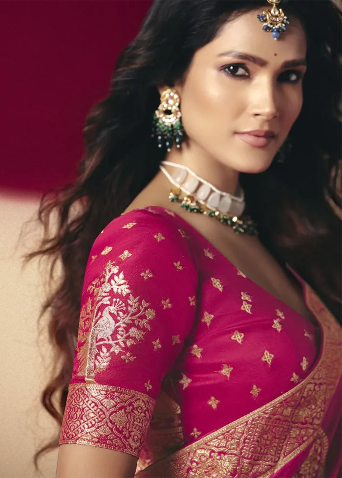 Fuchsia Pink Dola Silk Banarasi Saree with Golden Zari Motifs