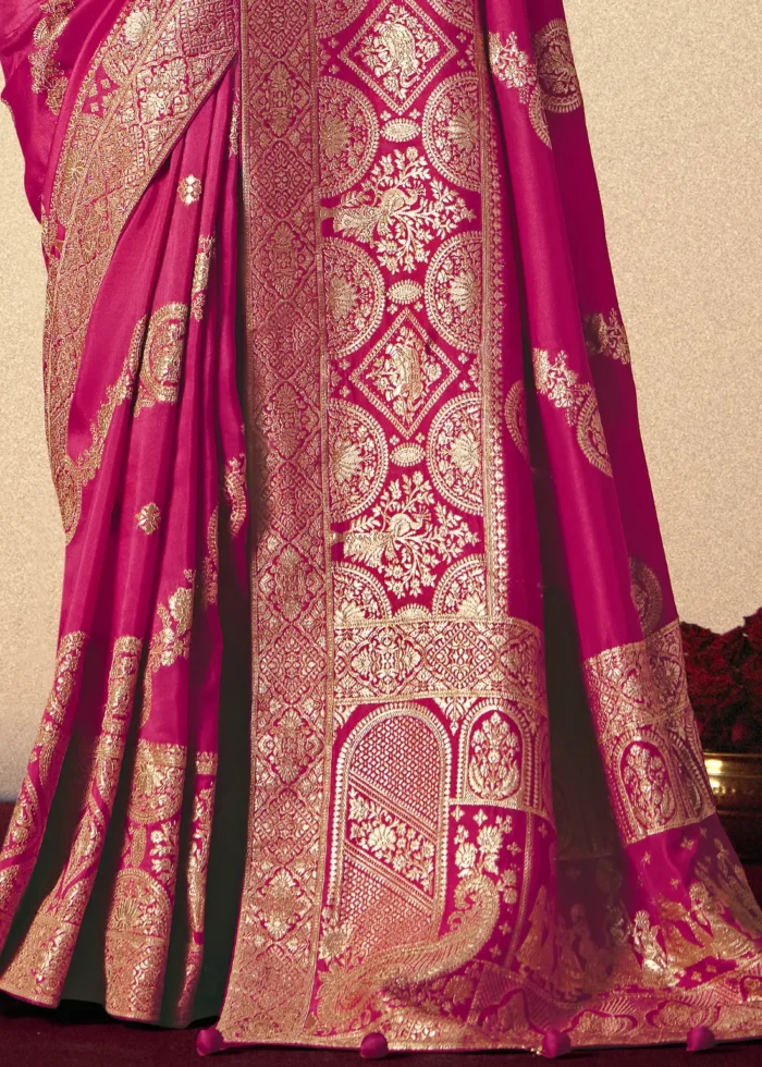 Fuchsia Pink Dola Silk Banarasi Saree with Golden Zari Motifs
