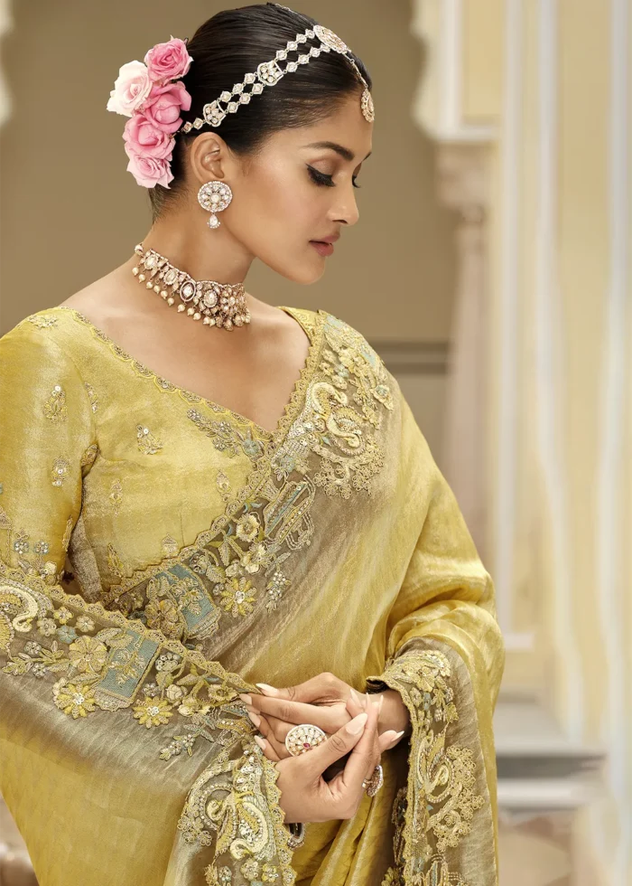Golden Yellow Banarasi Silk Saree with Floral Embroidery