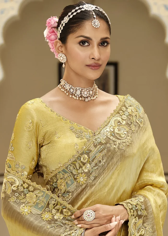 Golden Yellow Banarasi Silk Saree with Floral Embroidery