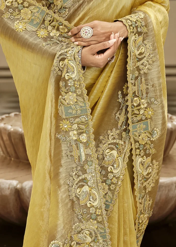 Golden Yellow Banarasi Silk Saree with Floral Embroidery