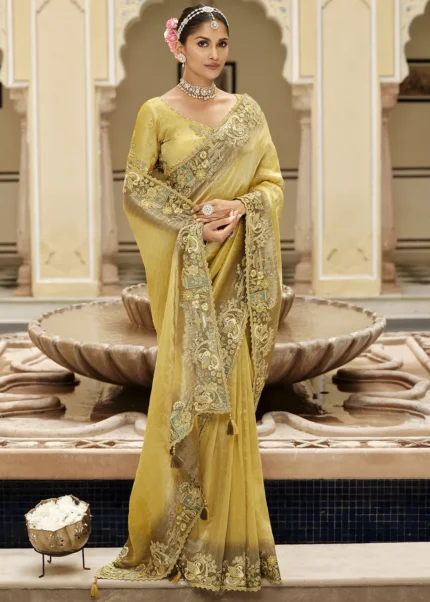 Golden Yellow Banarasi Silk Saree with Floral Embroidery