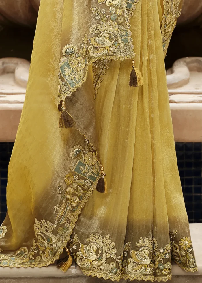 Golden Yellow Banarasi Silk Saree with Floral Embroidery