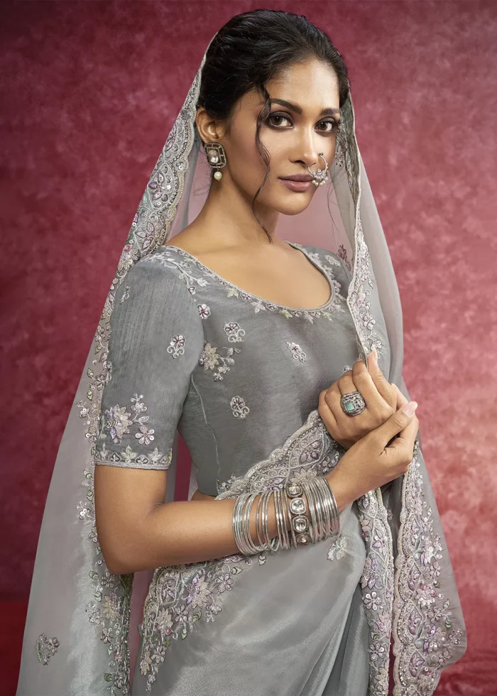 Gray Embroidered Dola Silk Saree with Stone Work