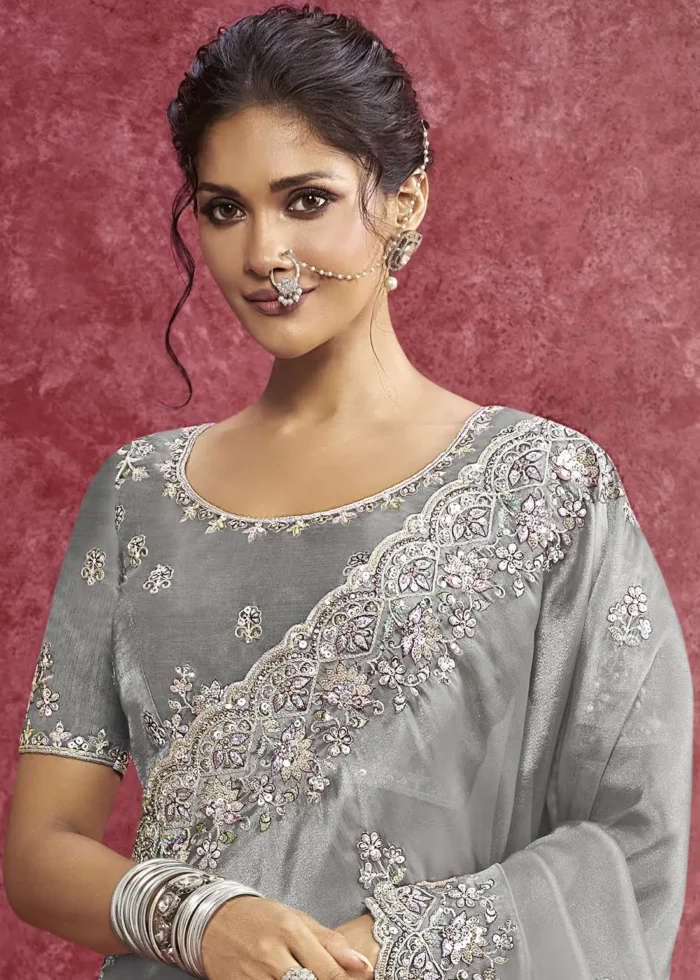 Gray Embroidered Dola Silk Saree with Stone Work
