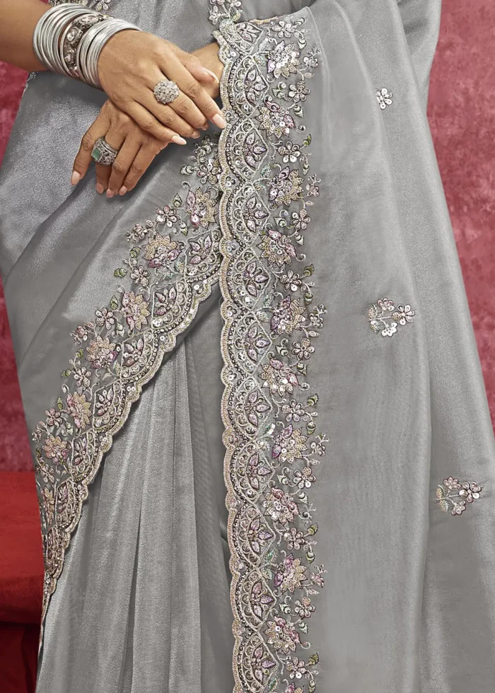 Gray Embroidered Dola Silk Saree with Stone Work