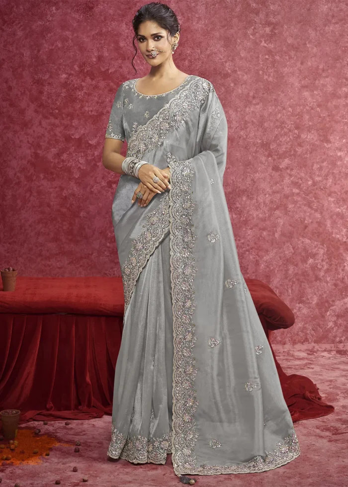 Gray Embroidered Dola Silk Saree with Stone Work