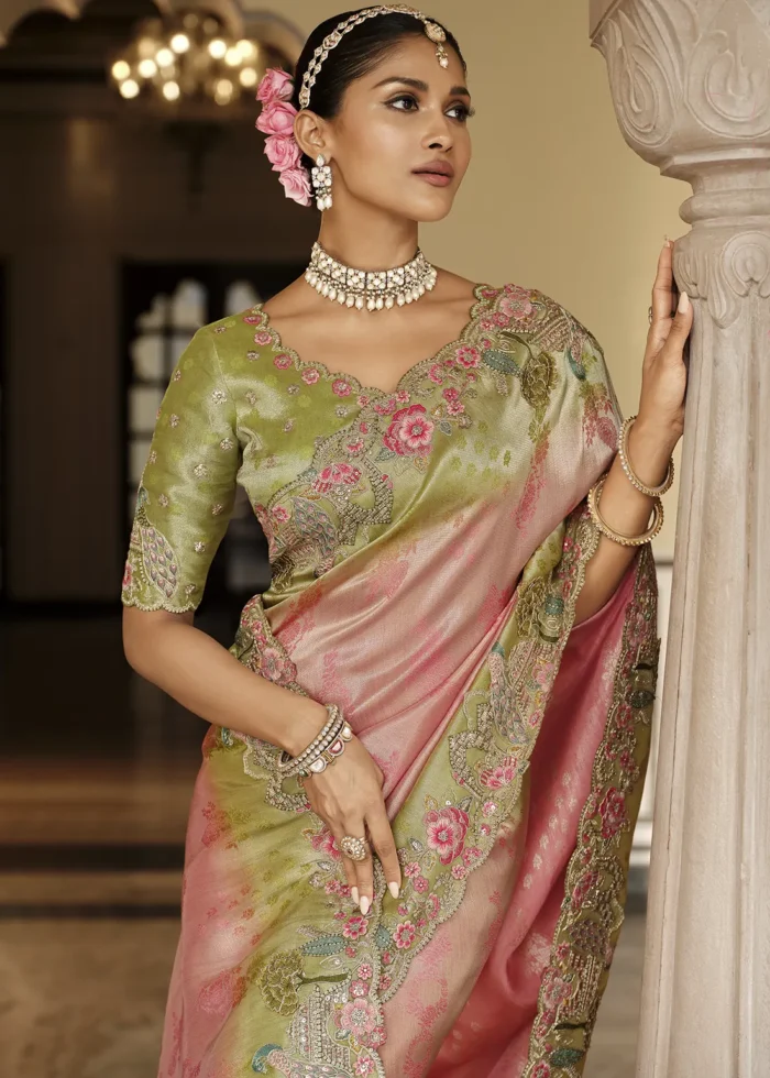 Green & Pink Banarasi Silk Saree with Embroidery