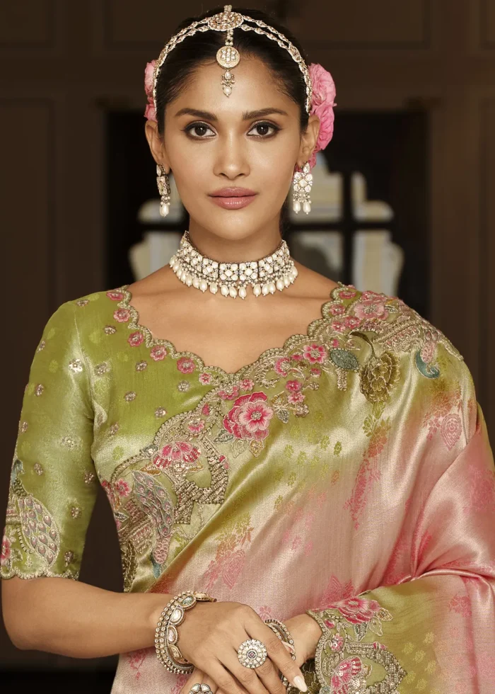 Green & Pink Banarasi Silk Saree with Embroidery