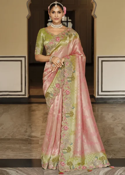Green & Pink Banarasi Silk Saree with Embroidery