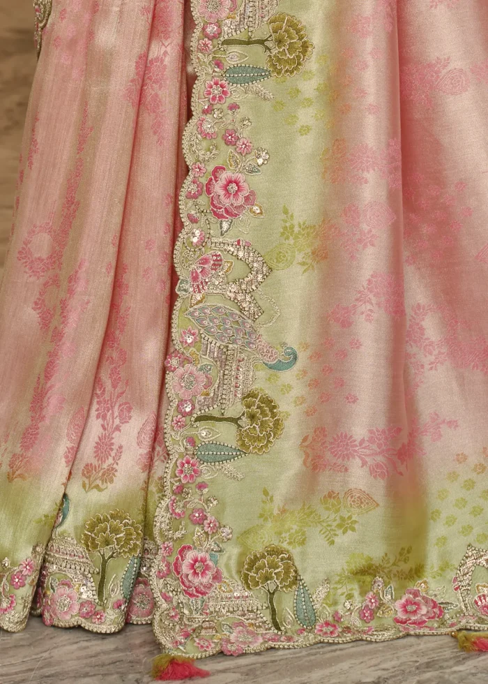 Green & Pink Banarasi Silk Saree with Embroidery