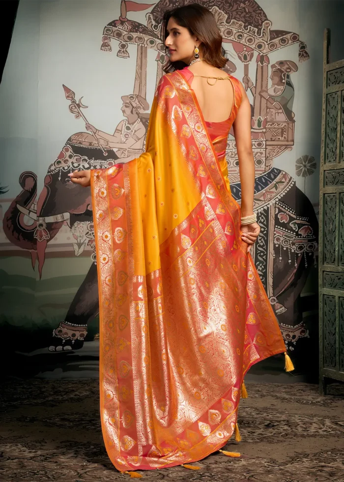 Honey Yellow Banarasi Silk Saree with Orange Blouse