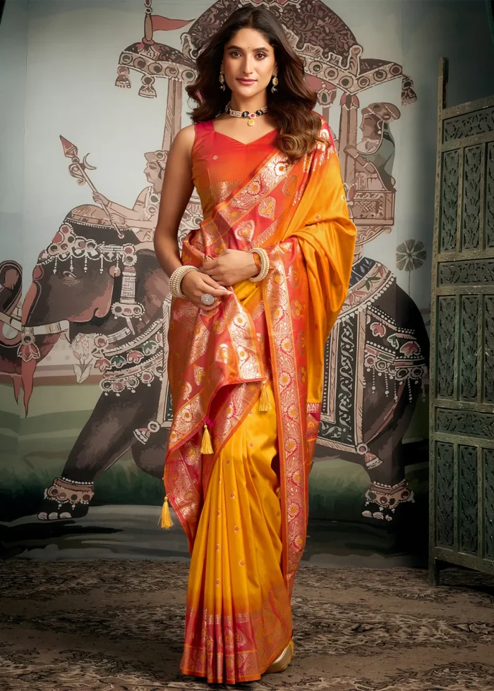 Honey Yellow Banarasi Silk Saree with Orange Blouse