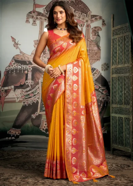 Honey Yellow Banarasi Silk Saree with Orange Blouse