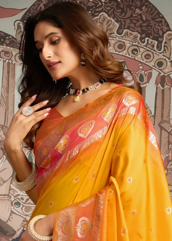 Honey Yellow Banarasi Silk Saree with Orange Blouse