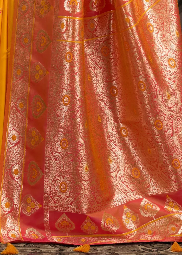Honey Yellow Banarasi Silk Saree with Orange Blouse