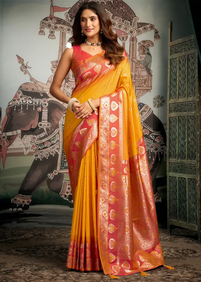 Honey Yellow Banarasi Silk Saree with Orange Blouse