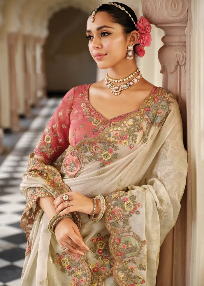 Ivory Banarasi Silk Saree with Multicolor Embroidery