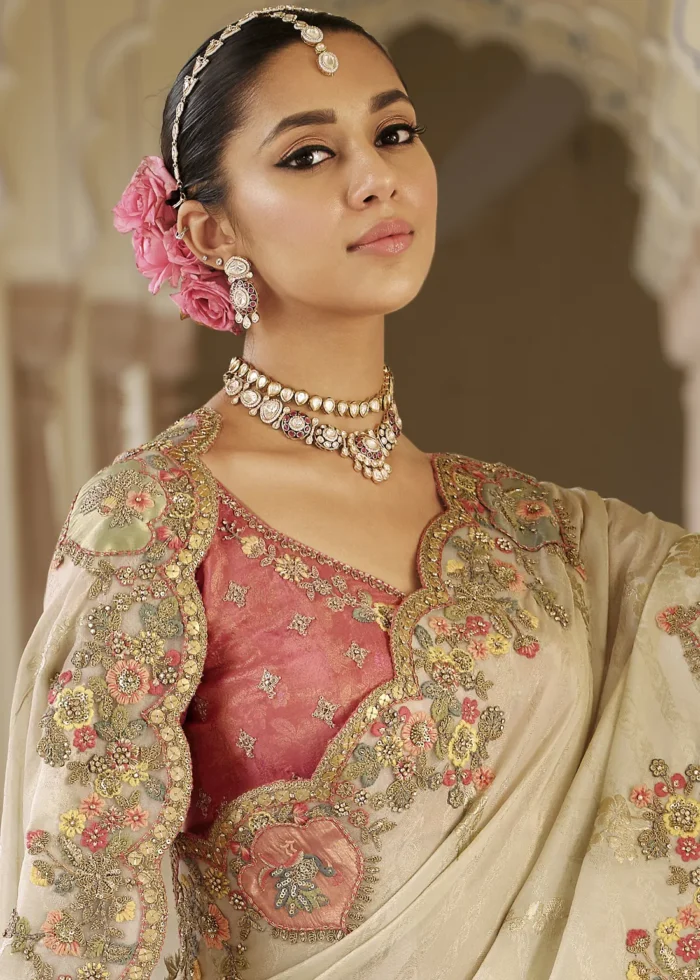 Ivory Banarasi Silk Saree with Multicolor Embroidery