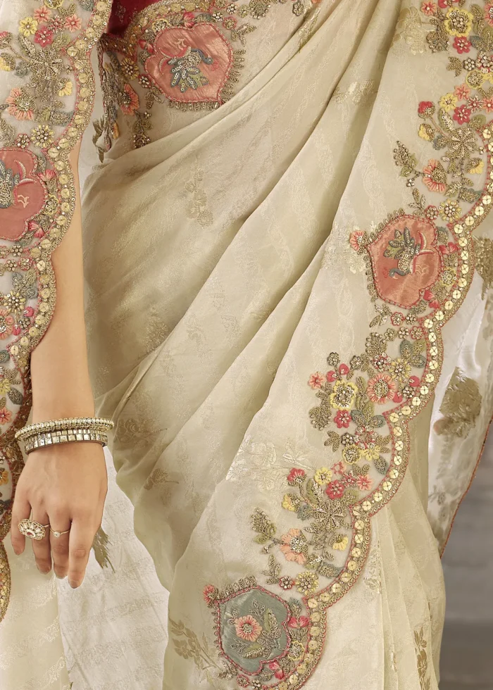 Ivory Banarasi Silk Saree with Multicolor Embroidery