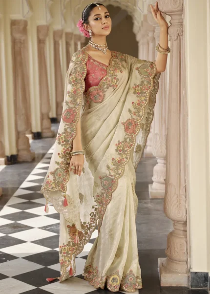 Ivory Banarasi Silk Saree with Multicolor Embroidery