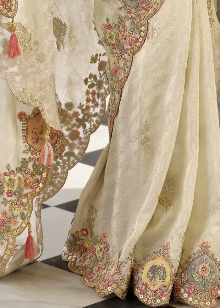 Ivory Banarasi Silk Saree with Multicolor Embroidery