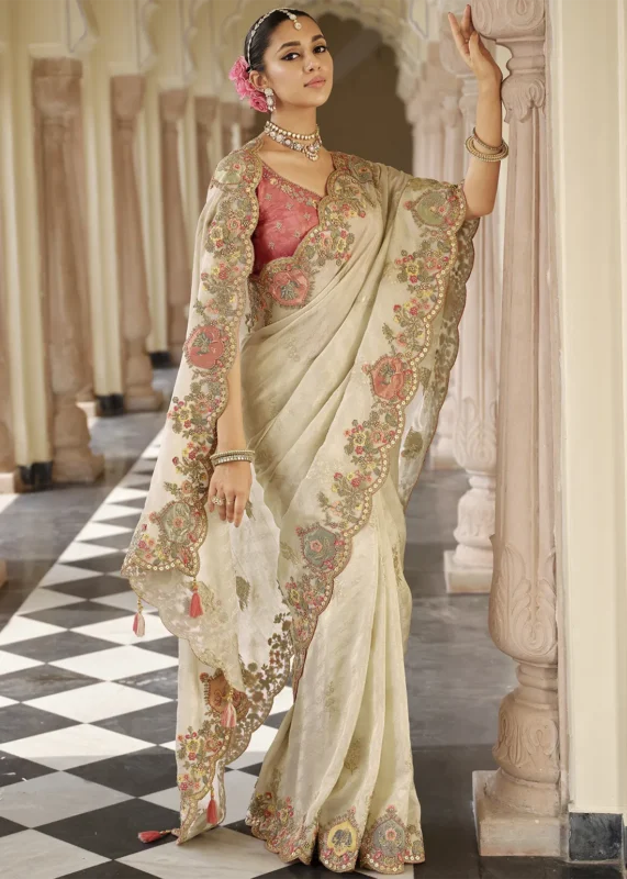Ivory Banarasi Silk Saree with Multicolor Embroidery