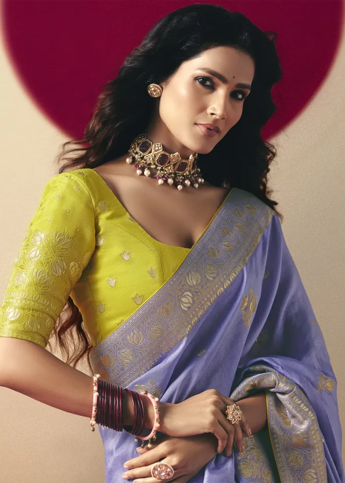 Lavender Dola Silk Banarasi Saree with Yellow Blouse
