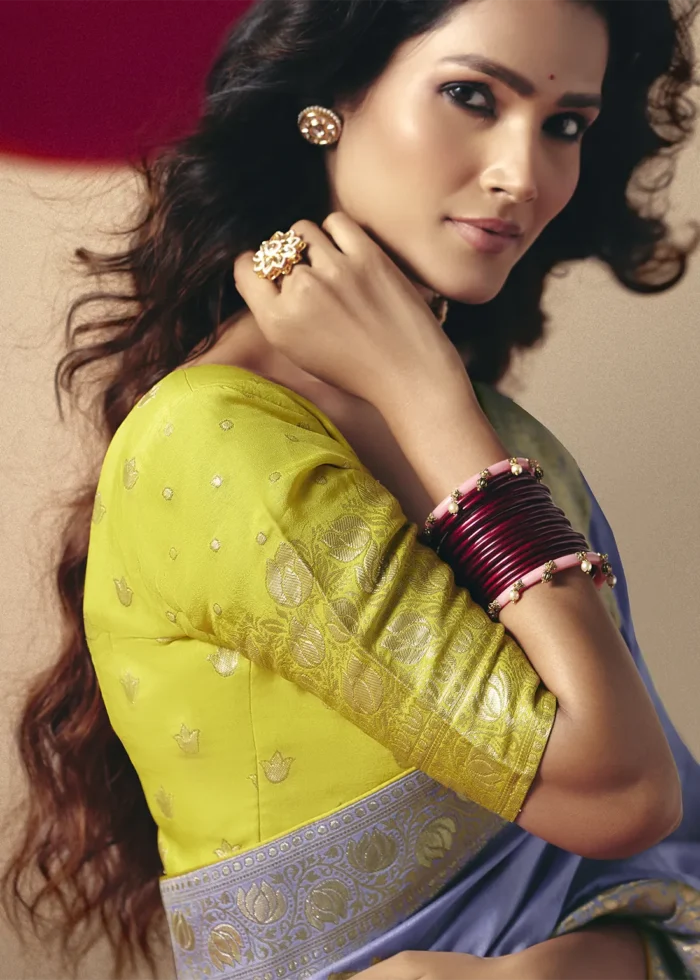 Lavender Dola Silk Banarasi Saree with Yellow Blouse