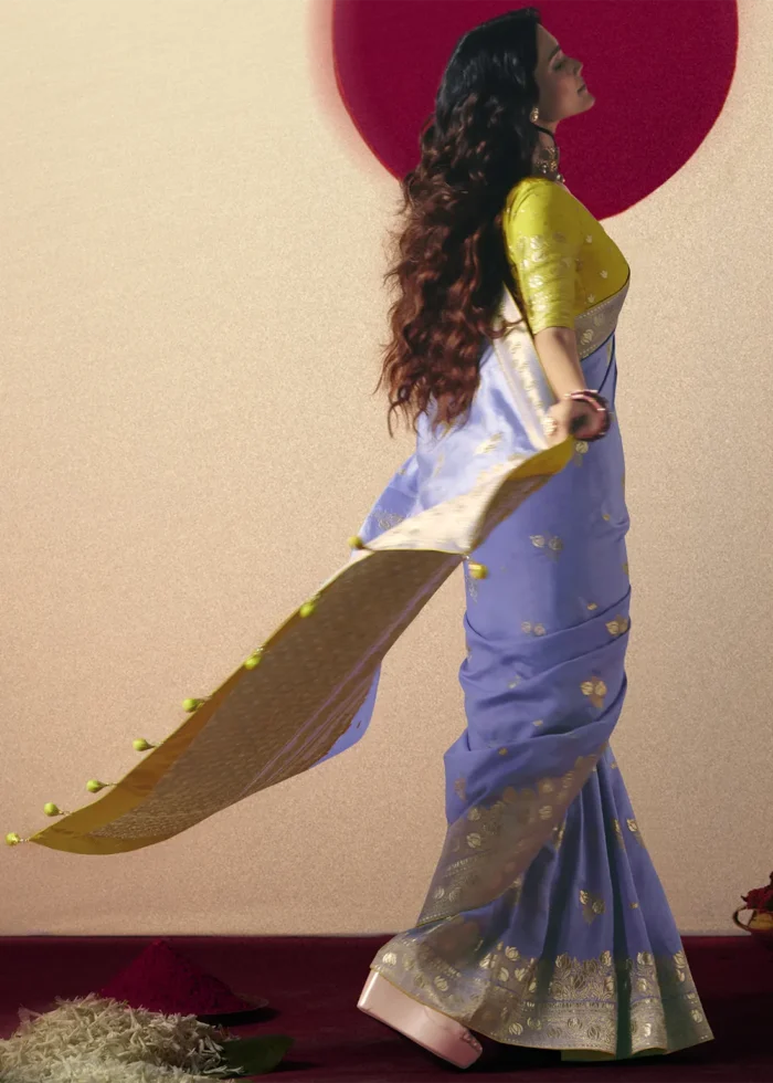 Lavender Dola Silk Banarasi Saree with Yellow Blouse
