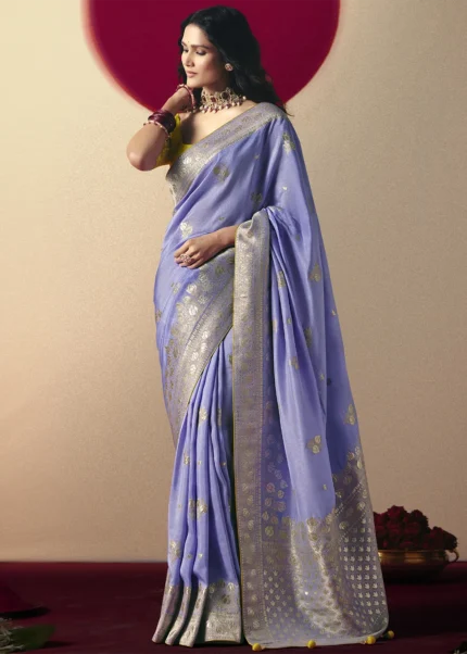 Lavender Dola Silk Banarasi Saree with Yellow Blouse