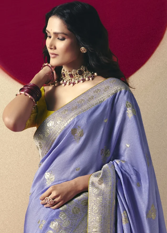 Lavender Dola Silk Banarasi Saree with Yellow Blouse