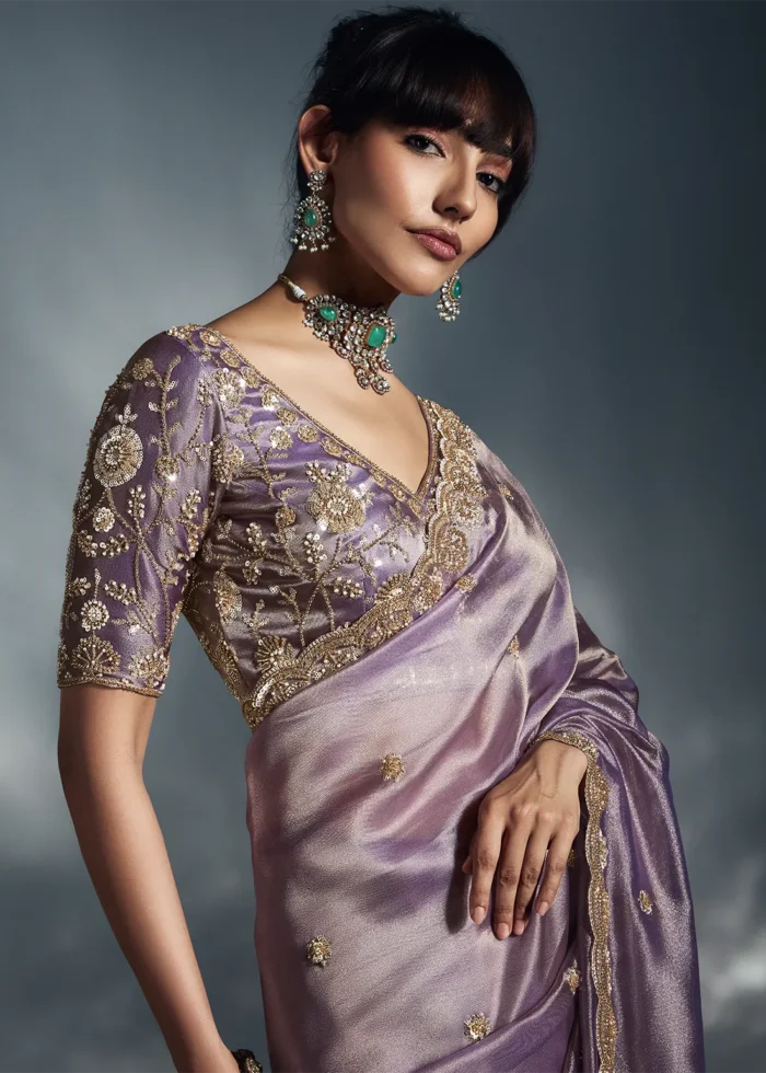 Lavender Embroidered Organza Saree for Wedding