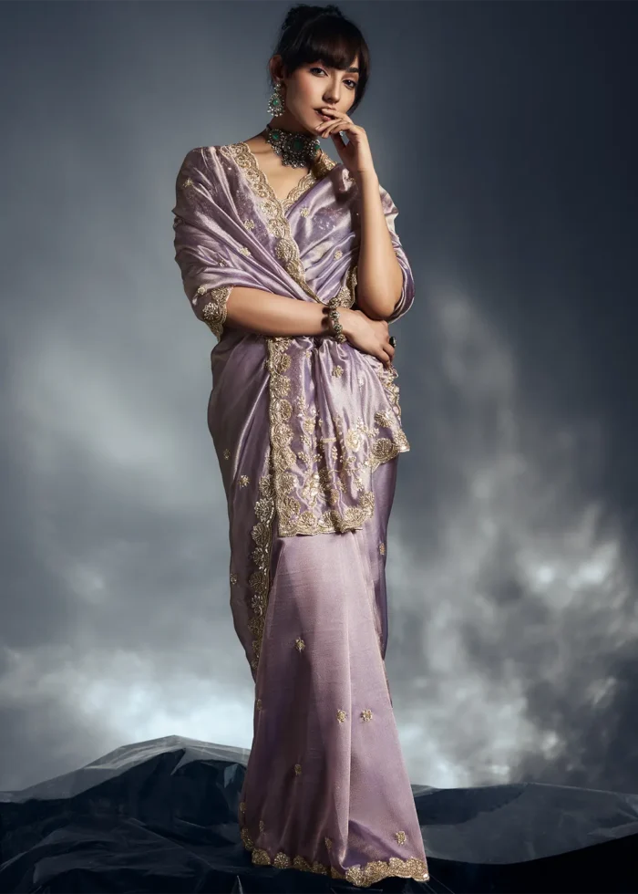 Lavender Embroidered Organza Saree for Wedding