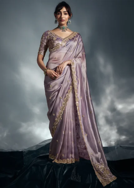 Lavender Embroidered Organza Saree for Wedding
