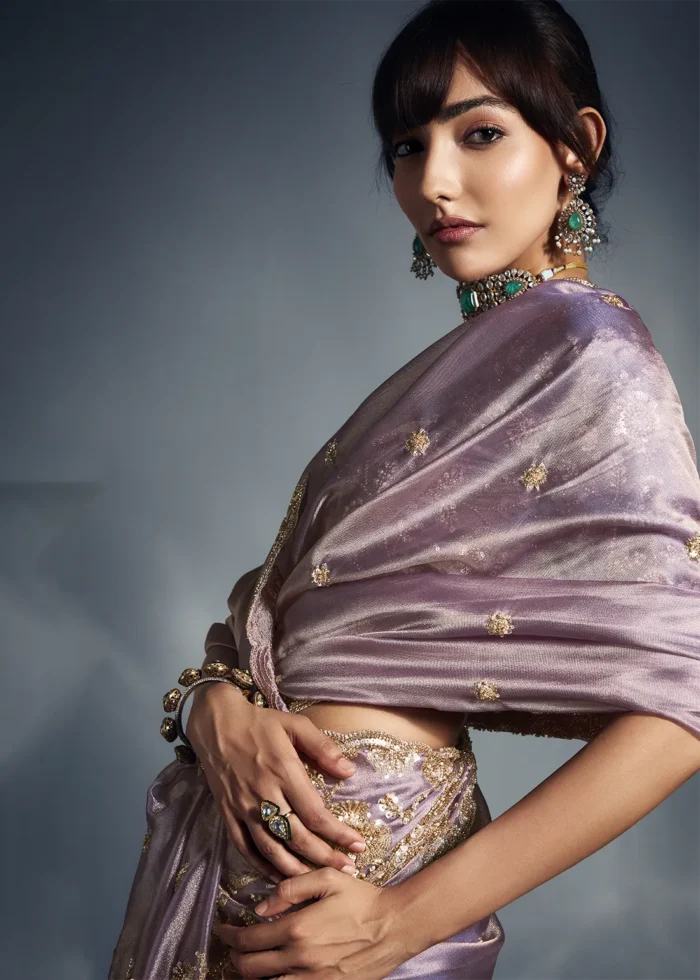 Lavender Embroidered Organza Saree for Wedding