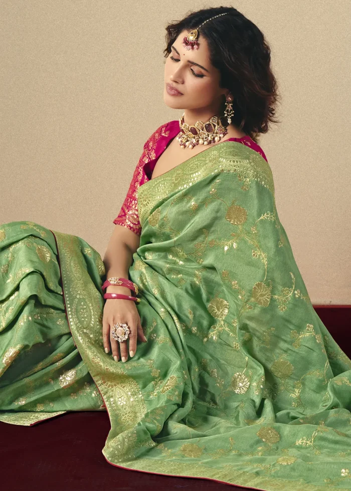 Leaf Green Dola Silk Banarasi Saree with Pink Blouse