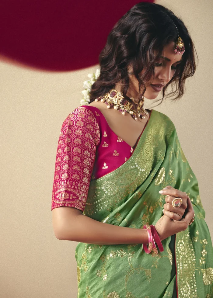 Leaf Green Dola Silk Banarasi Saree with Pink Blouse