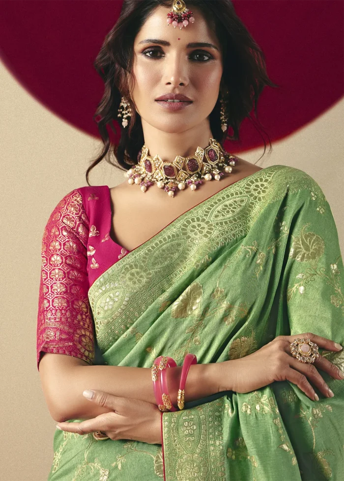 Leaf Green Dola Silk Banarasi Saree with Pink Blouse