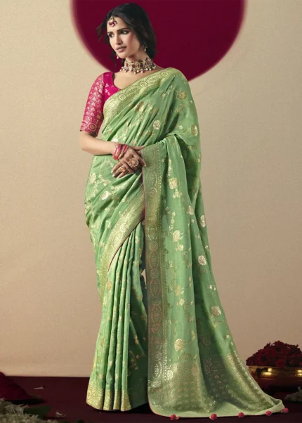 Leaf Green Dola Silk Banarasi Saree with Pink Blouse