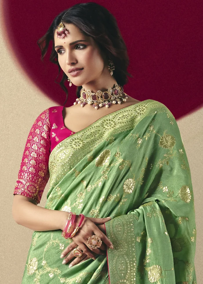 Leaf Green Dola Silk Banarasi Saree with Pink Blouse